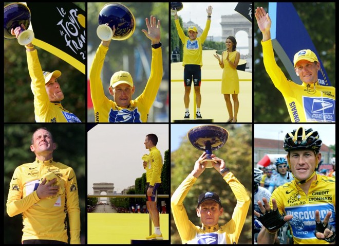 Composição de fotos dos sete títulos de Lance Armstrong na Volta da França, entre 1999 e 2005 | 