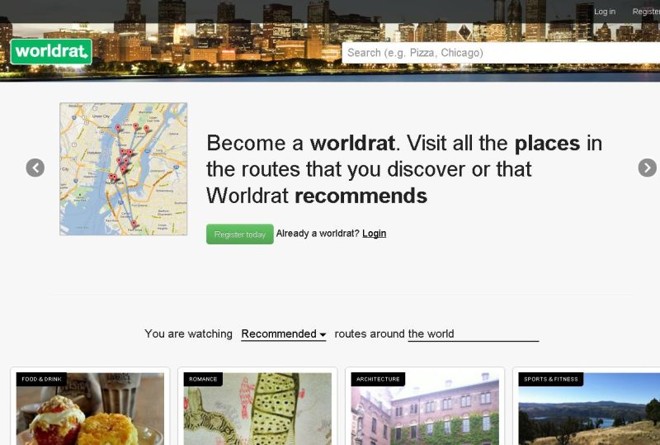 Worldrat -O Worldrat é um site e aplicativo para smartphone que ajuda na exploração de uma cidade. A ideia é usar a colaboração dos usuários para criar rotas de turismo alternativas. Por exemplo, ao escrever Nova York na busca, aparece uma opção de 