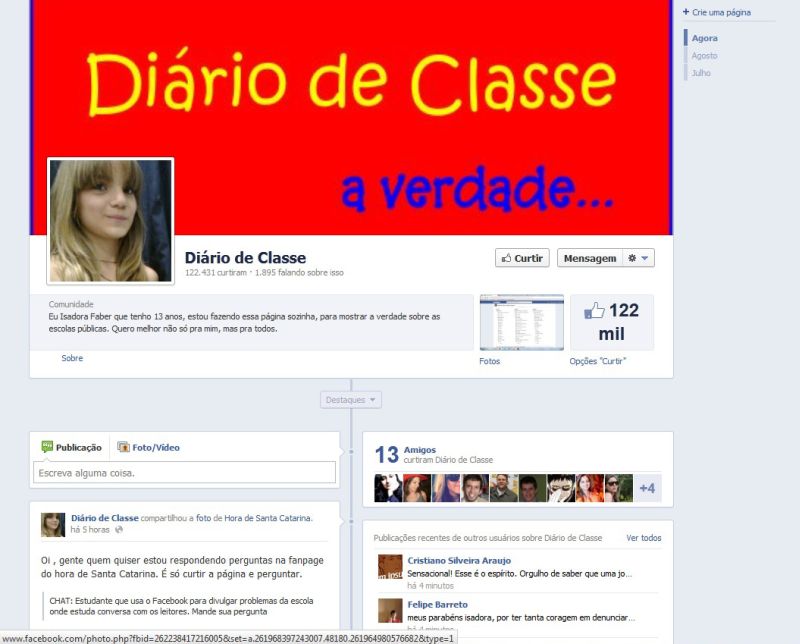 Número de seguidores da página Diário de Classe passou de 122 mil ontem | Reprodução Facebook