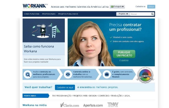 Workana -A argentina Workana foi a grande vencedora da Batalha de Startups da conferência. A empresa serve como uma ponte entre freelancers e empresas interessadas em contratá-los. O site fica com 15% do negócio, mas só quando ele é fechado. Esse modelo de site vem funcionando bem nos EUA e na Europa, com o Freelancer.com, por exemplo, mas ainda não havia um serviço desses voltado à América Latina. A empresa começou na última semana suas operações no Brasil. Site:https://www.workana.com/ | 