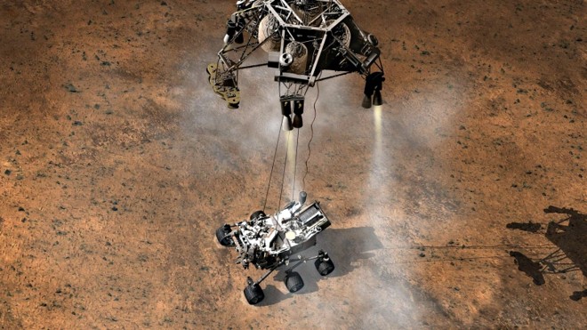 Ilustração da Nasa mostra como será a aterrissagem em Marte | Ilustração: Nasa