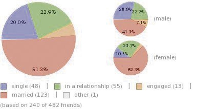 Solteiros ou casados?Parte do relatório é dedicado a informações sobre os amigos. Há dados como: os amigos mais velhos, os mais novos, a divisão por sexo e o estado civil deles. No caso ao lado, por exemplo, 51,5% são casados, 20% solteiros, 22,9% estão numa relação e o restante está noivo |