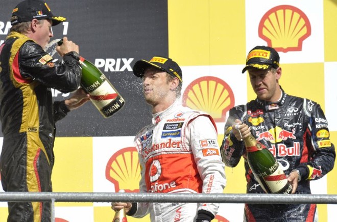 Button, Vettel e Raikkonen na comemoração do pódio | 