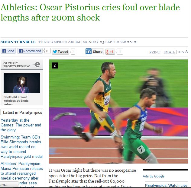 Jornal The Telegraph destaca reclamação de Pistorius | Reproducao