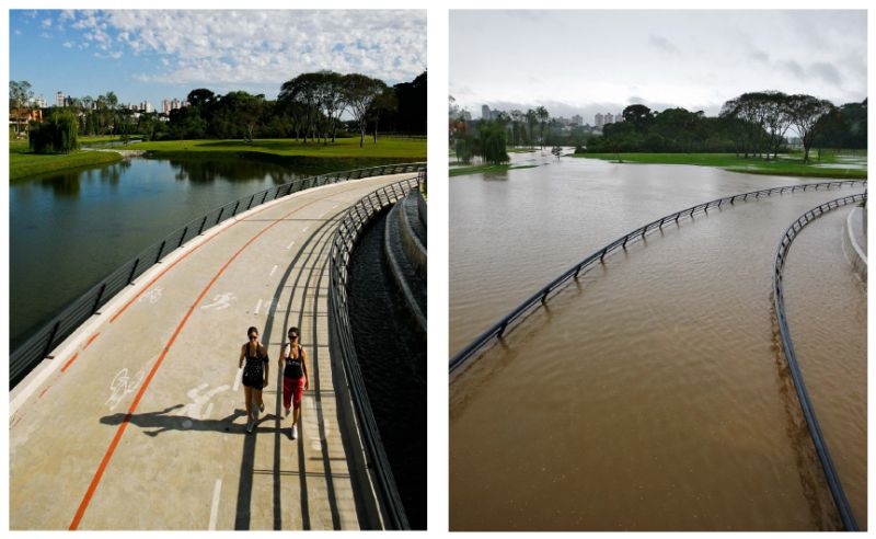 A chuva em Curitiba foi tão intensa que o lago do Parque Barigui transbordou, inundando a nova passarela | Fotos: Daniel Castellano/Gazeta do Povo