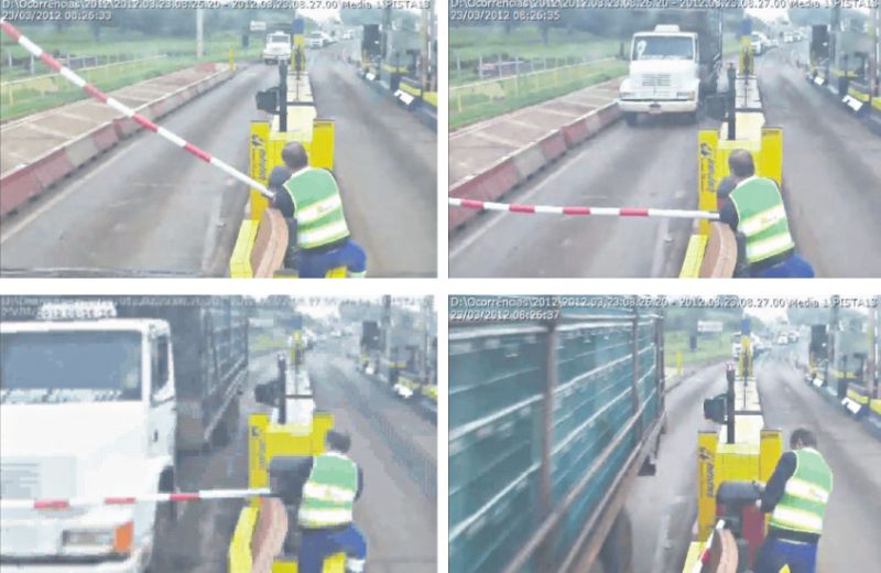Flagrante feito por uma câmera na BR-369: caminhão fura pedágio e quase machuca funcionário que fazia a manutenção da cancela | Divulgação/Viapar