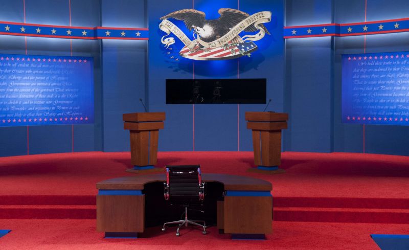 Palco do Magness Arena, na Universidade de Denver, no Colorado, palco do debate entre os candidatos Barack Obama e Mitt Romney | AFP PHOTO / Saul LOEB