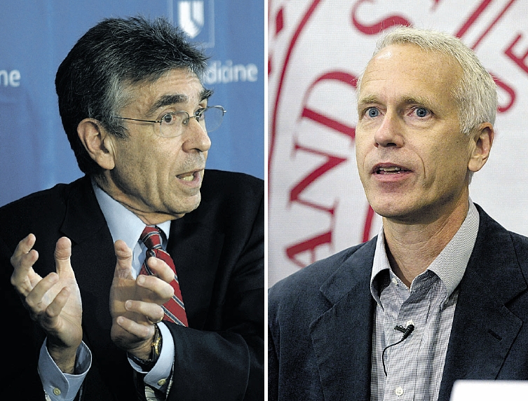 Brian Kobilka, pesquisador de Stanford e Robert Lefkowitz, da Universidade Duke | Fotos: Norbert von der Groeben/Reuters e Sara D. Davis/AFP