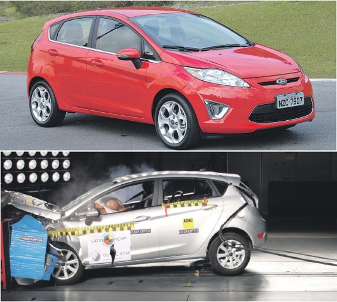 Ford New Fiesta: Airbag duplo de série: 4 estrelas em proteção para adultos; 4 estrelas em proteção para crianças. Avaliação: boa proteção para o peito dos ocupantes; avanço excessivo da cabeça do motorista contra airbag em impacto; estruturas perigosas para joelhos dos ocupantes e boa proteção para crianças no banco traseiro com sistema Isofix, com instruções suficientes | Divulgação
