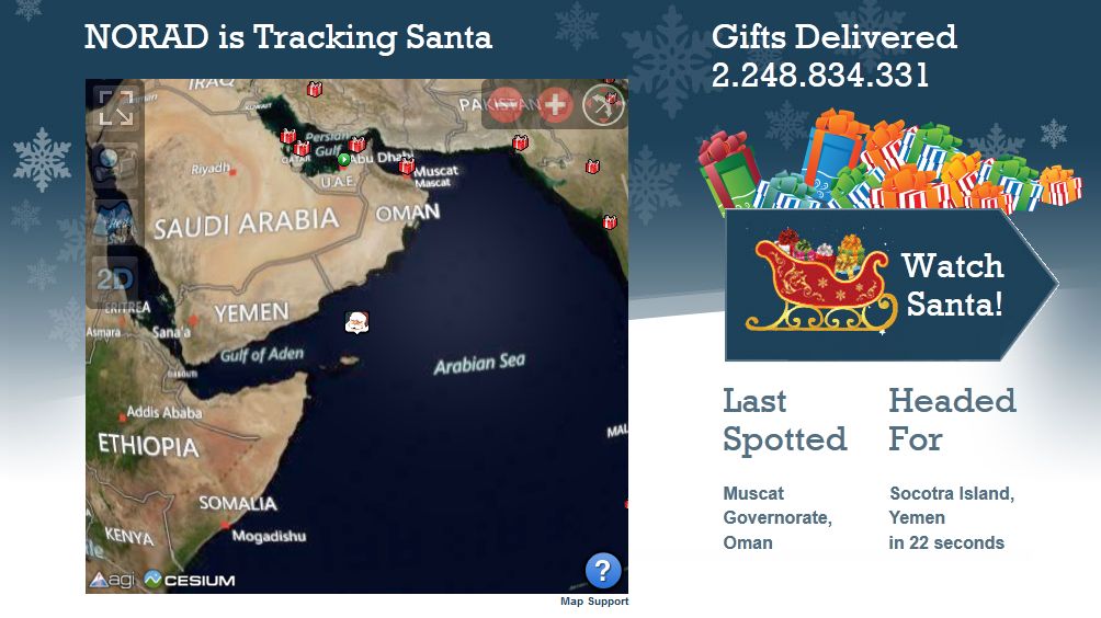 O Norad e seu antecessor, o Comando de Defesa Aérea Continental (Conad, Continental Air Defense Command), seguem a viagem de Papai Noel há mais de 50 anos, explica o site | Reprodução