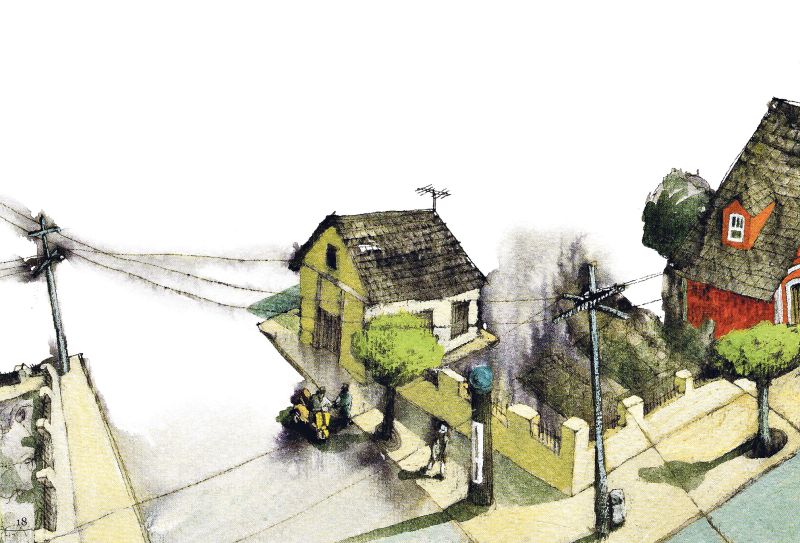 As ilustrações de Nelson Cruz retratam Brusque (SC), na época em que se passa o episódio da infância de Paulo Venturelli que ele relata em Visita à Baleia, da Positivo |