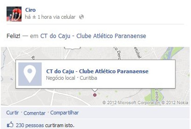 Ciro divulgou no Facebook que está treinando no CT do Caju |