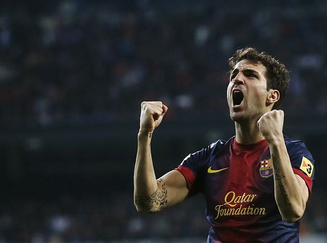Fabregas comemora o gol do Barcelona contra o Real Madrid | 