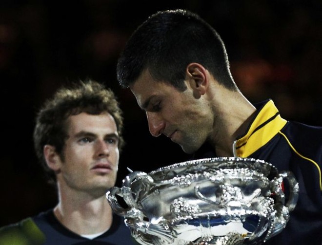 O sérvio Novak Djokovic conquistou o tricampeonato no Aberto da Austrália em jogo contra o britânico Andy Murray |