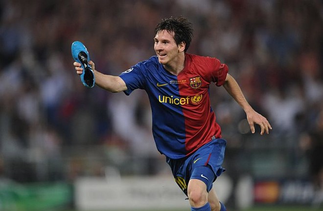 Messi comemora gol na final da Liga dos Campeões 2008/2009, contra o Manchester United |