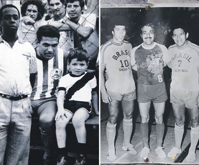 Garrincha em Cornélio, com o Milionários (dir) e no showbol, com Jairzinho e Dirceu Funari |