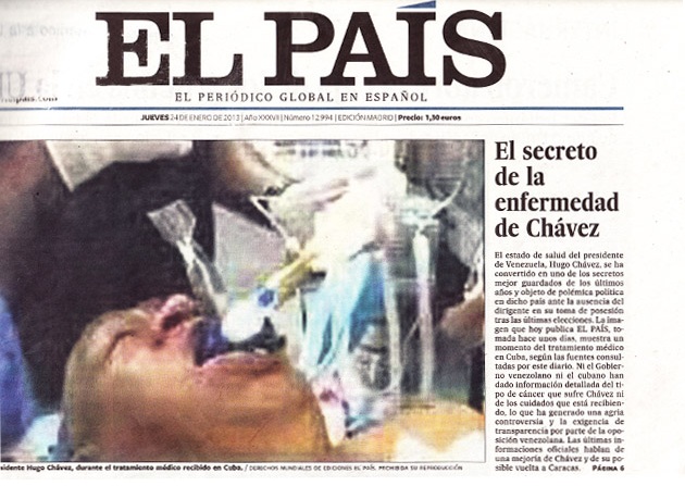 A capa do jornal espanhol "El Pais" desta quinta-feira, com a foto falsa de Hugo Chávez | Reprodução