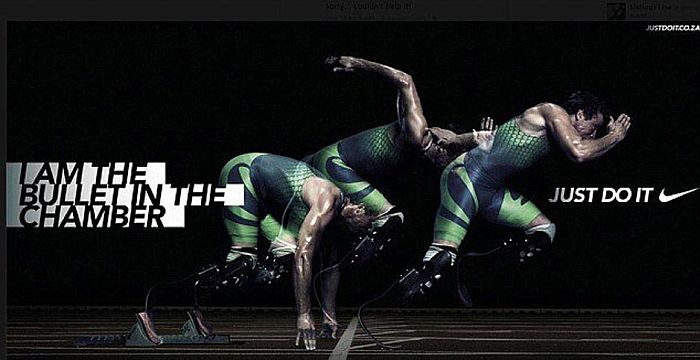 Campanha publicitária com Pistorius com a frase, em inglês, "Eu sou a bala no cano da arma", retirada do site da Nike | Reprodução Nike