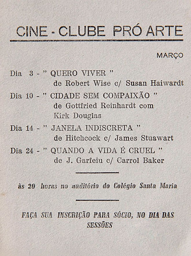 Programação do Cineclube Pró Arte: opção por filmes de qualiade |