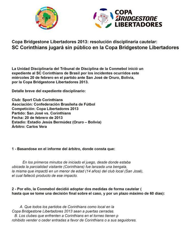 Comunicado da Conmebol com punição ao Corinthians foi divulgado na noite desta quinta-feira |