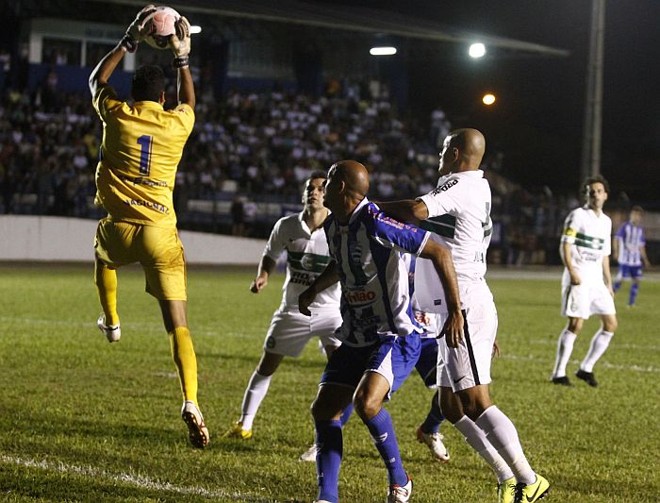 Goleiro Vinícius, do Nacional, fica com a bola após cobrança de escanteio do Coritiba | 