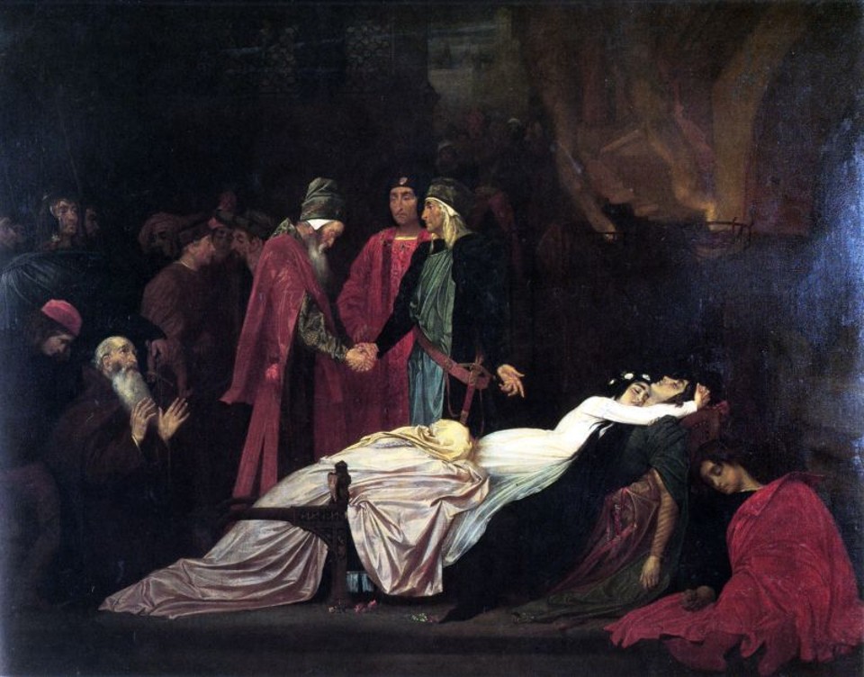 A reconciliação dos Montecchio e dos Capuleto, em pintura de Lord Frederick Leighton, de 1855 |