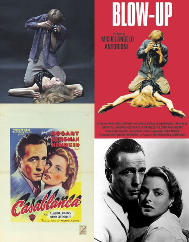 A icônica cena do filme Blow-Up e o cartaz do longa de 1966, centrado num fotógrafo de moda que se depara com um crime; Humphrey Bogart e Ingrid Bergman em Casablanca tornaram-se sinônimo de romantismo |