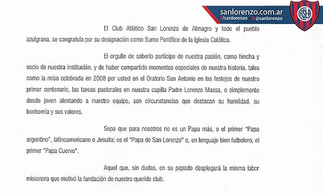 Mensagem da diretoria do San Lorenzo ao papa, que ressalta que, acima de tudo, Francisco é o pontifíce do clube |