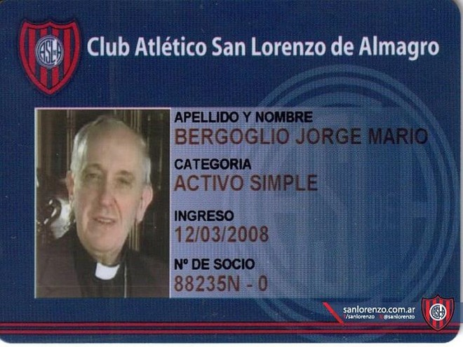 Carteira de sócio do San Lorenzo do papa Jorge Mario Bergoglio, agora Francisco |