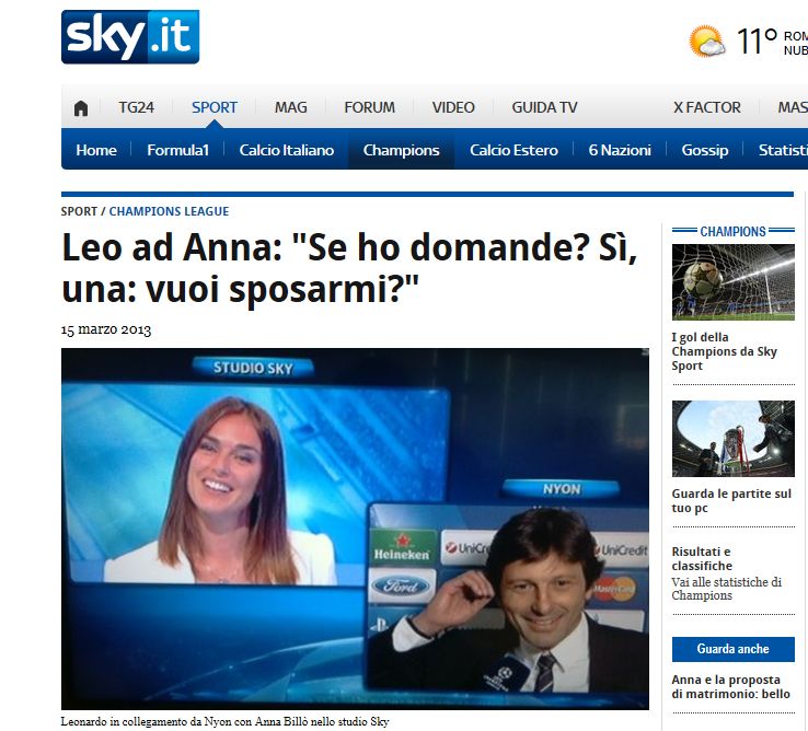 Leonardo pede a namorada em casamento ao vivo | Reprodução / Sky.it