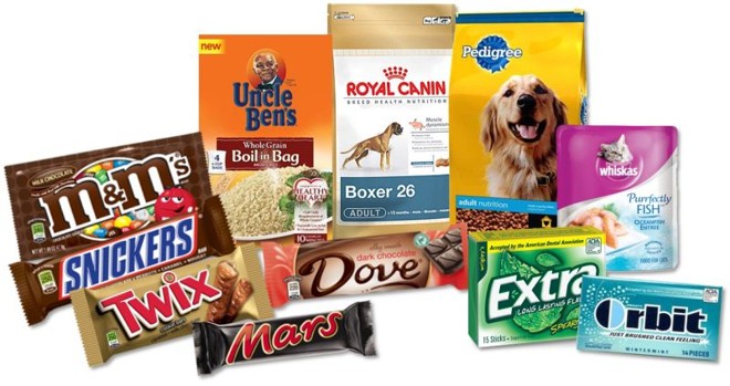Alguns produtos do portfólio da Mars: de chocolates e chicletes até alimento para cães e gatos | 