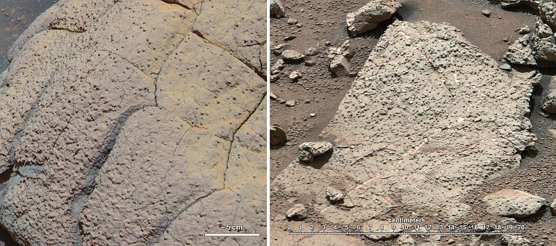 Montagem mostra fotos de rochas do solo marciano tiradas pelos robôs exploradores Opportunity (à esquerda) e pelo seu sucessor, Curiosity | REUTERS/NASA/JPL-Caltech/Cornell/MSSS