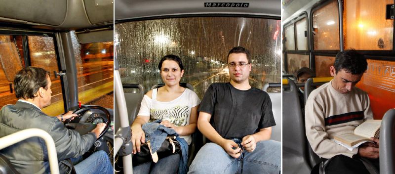 O motorista Justo Castagnara, os amigos Nelson e Shaene e o professor e garçon Paulo: vidas que se encontram no coletivo | Fotos: Daniel Castellano/ Gazeta do Povo