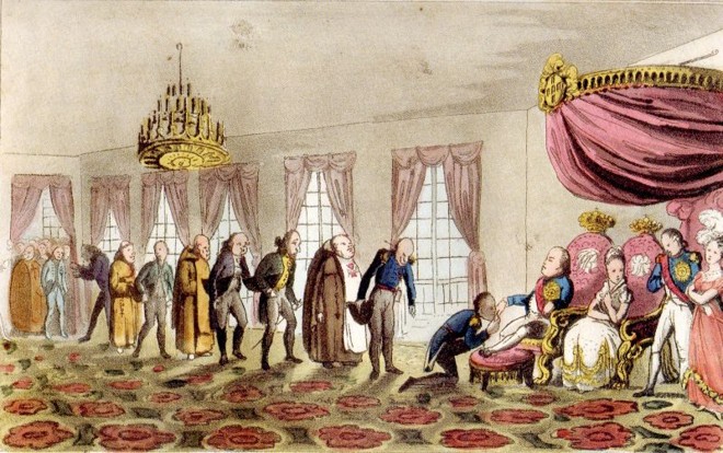 Sob a sigla APDG, o artista retratou a corte de Dom João VI na famosa cerimônia do beija-mão | 