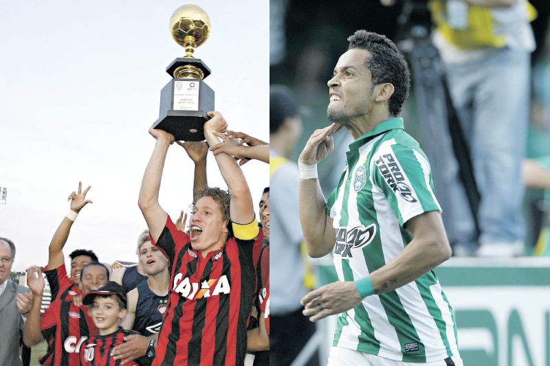 Renan Foguinho ergue a taça do segundo turno do Paranaense: reação dos meninos do Atlético; Rafinha faz sinal de engasgado após marcar contra o Londrina, no Couto Pereira | Josué Teixeira/ Gazeta do Povo e Antonio More/ Gazeta do Povo