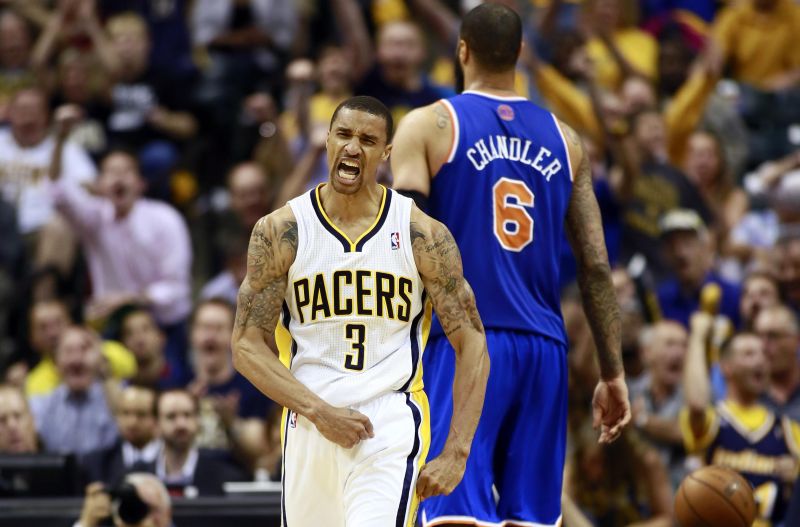 Armador George Hill, do Indiana Pacers, comemora uma das cestas de sua equipe na vitória diante do New York Knicks | Reuters
