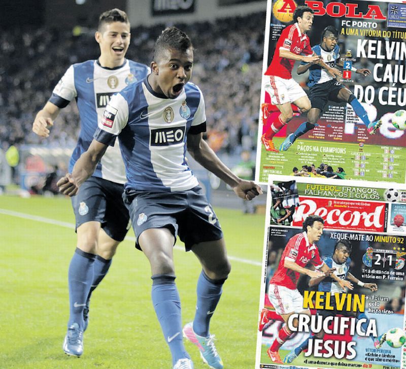 Kelvin comemora gol contra o Benfica. Ao lado, destaque nos jornais esportivos de Portugal | Miguel Vidal/ Reuters