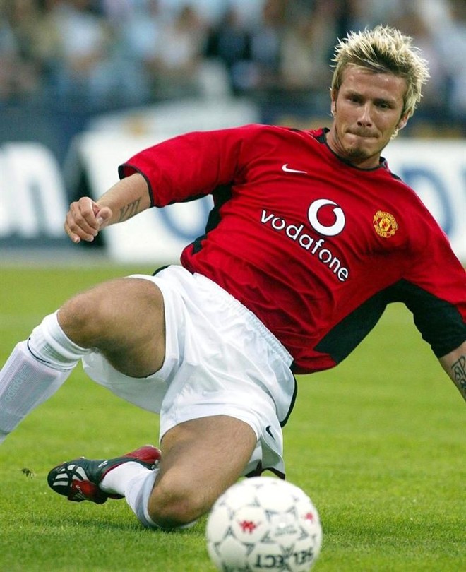 Beckham jogando pelo Manchester United, seu clube de coração |