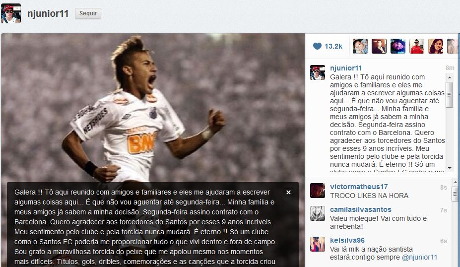 Neymar anunciou ida ao Barcelona em rede social | Reprodução