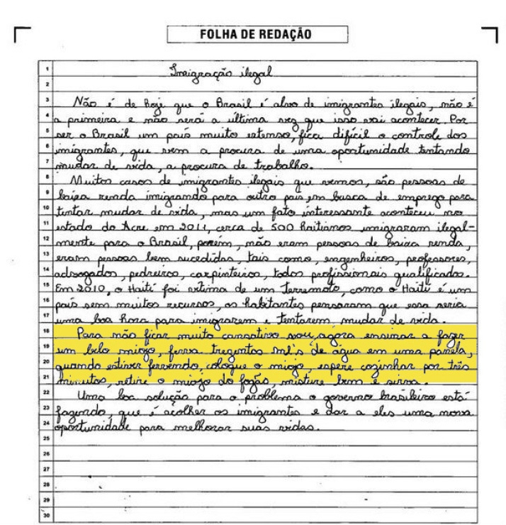 Redação que trouxe receita de miojo foi o estopim para discussão sobre os critérios de correção dos textos | Reprodução