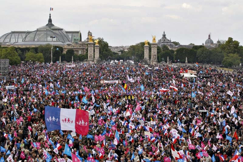Bandeiras nas cores azul, rosa e branco dominaram a Esplanada dos Inválidos, em manifestação contra casamento gay | Stephane Mahe / Reuters