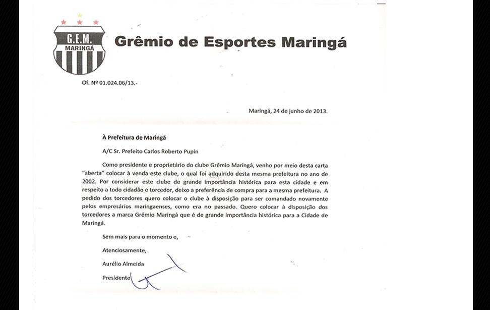 No final de 2011, Almeida havia informado que o time maringaense estava sendo negociado com um grupo de investidores | Reprodução / Site Oficial do Grêmio Maringá