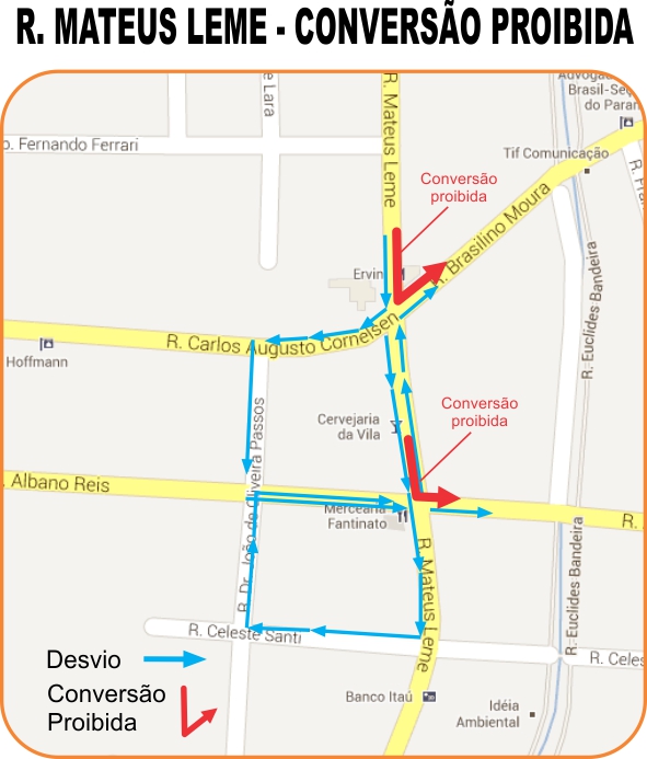Conversões à esquerda na Rua Mateus Leme para as ruas Brasilino Moura e Albano Reis serão proibidas a partir desta quarta-feira (19) | Prefeitura de Curitiba/Divulgação