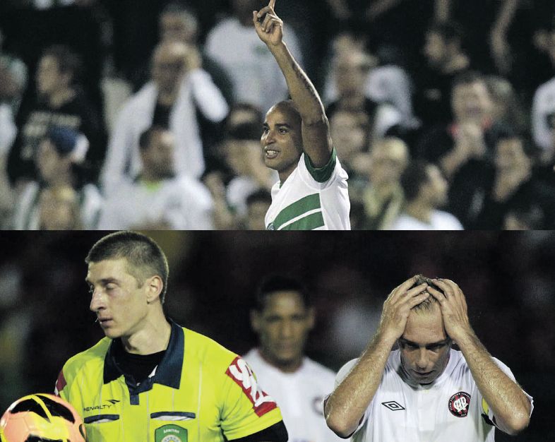 Deivid comemora o gol do Coritiba, enquanto Paulo Baier lamenta mais um revés do Atlético: rivais em momentos opostos | Jonathan Campos/ Gazeta do Povo e Arisson Marinho/ Correio/ Ag. Bapress/ Folhapress