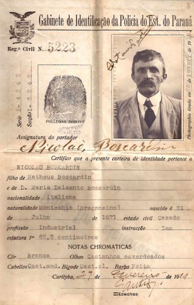 Documento de imigração de Nicolau Boscardin |