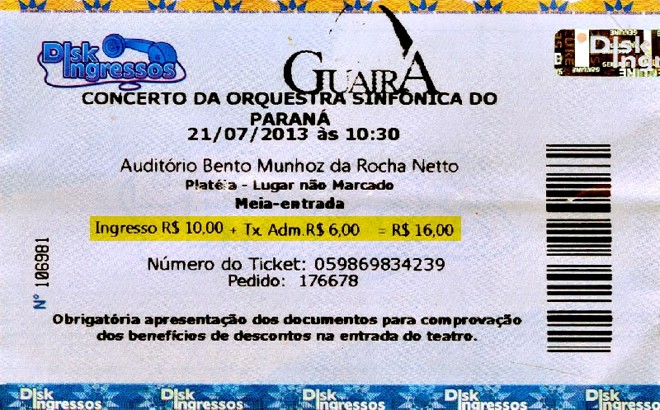 Taxa de R$ 6 cobrada pela emissão de bilhetes para o último concerto da OSP foi erro operacional. De acordo com o Disk Ingressos, apenas oito ingressos foram vendidos com a taxa, que será devolvida |
