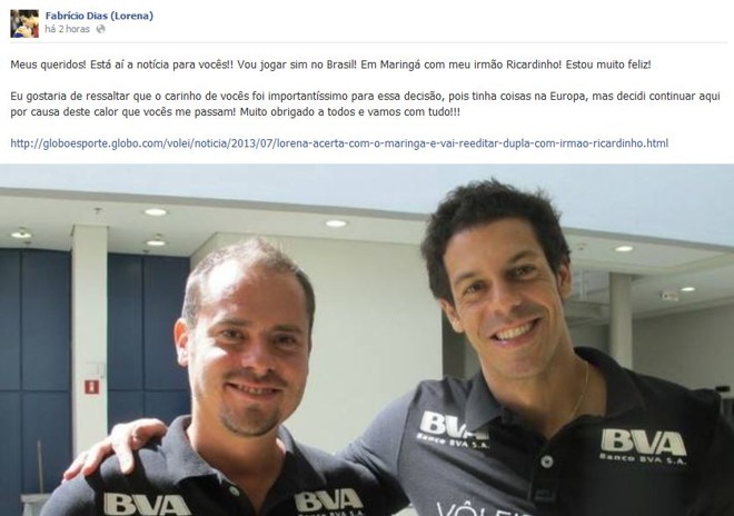 O oposto Lorena confirmou no Facebook que vai defender time de Maringá | 