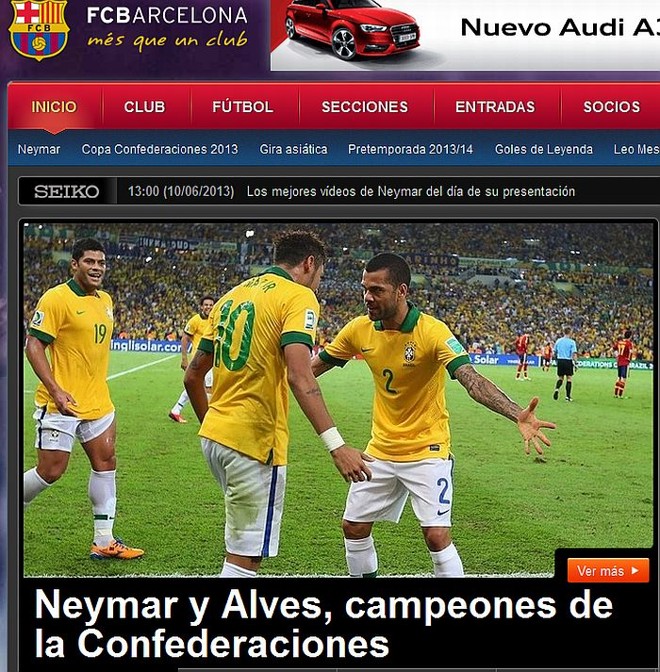 Site do Barcelona também destacou atuação de Neymar na final da Copa das Confederações |