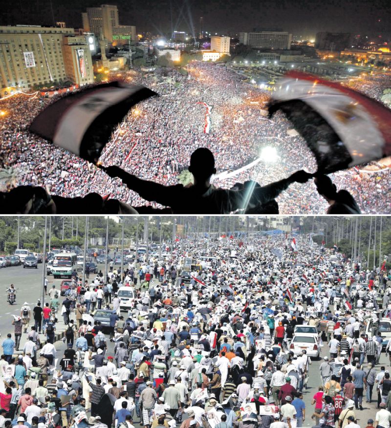 Acima, protesto a favor dos militares e contra o ex-presidente Mursi ocupa a Praça Tahrir. Abaixo, integrantes da Irmandade Muçulmana realizam marcha pró-Mursi até a Praça Rabaa Adawiya | Mohamed Abd El Ghany e Amr Abdallah Dalsh/Reuters