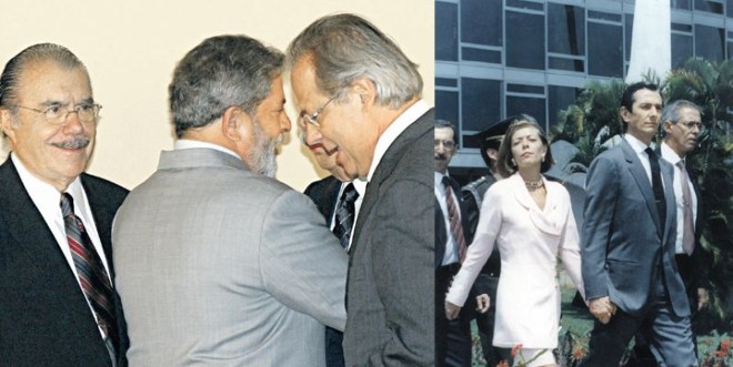 À esquerda: o peemedebista Sarney com Lula e Dirceu; ministro queria o PMDB na base desde o início do governo. Lula disse não e logo depois veio o mensalão. À direita: Collor deixa o Palácio do Planalto após o impeachment, quando o PMDB já estava fora do governo |